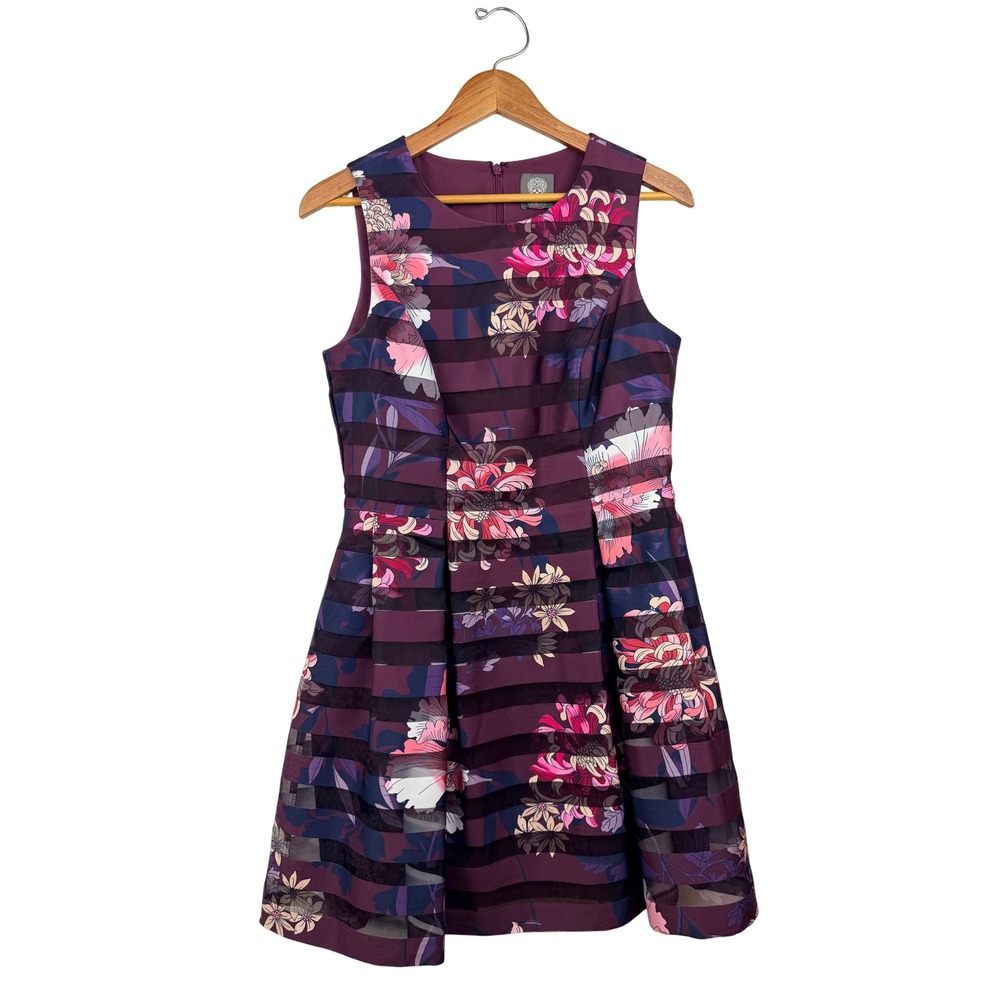 Vince Camuto Floral Shadow Stripe Fit and Flare Dress Womens M Sleeveless